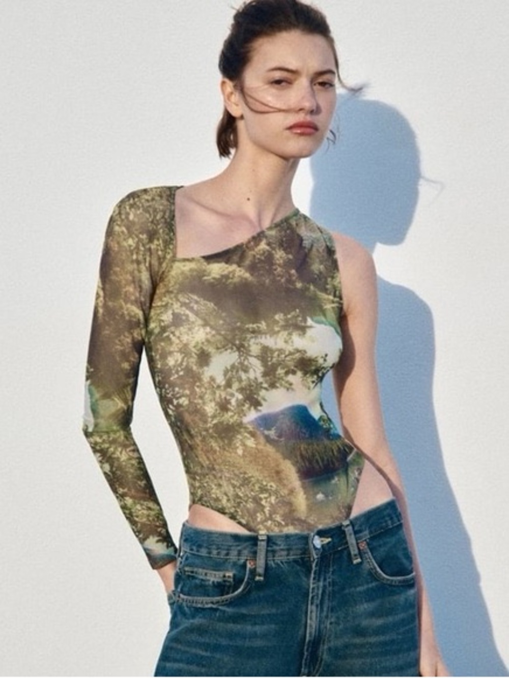 ZARA Mesh Nature Printed Tulle One Shoulder Asymmetric Neckline Bodysuit Small